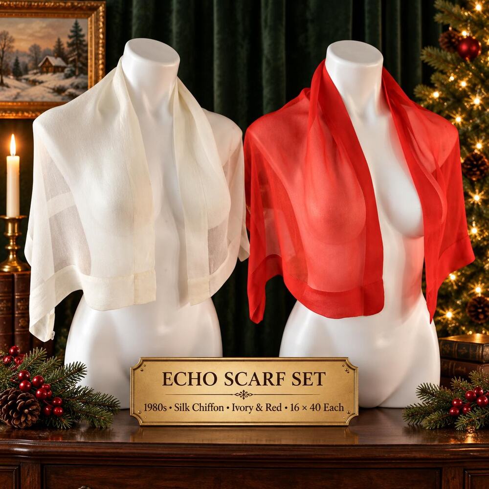 Vintage Echo 1980s Silk Chiffon Scarf Set Ivory Red 16x40
